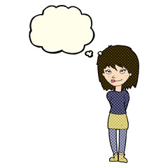 cartoon happy woman with thought bubble