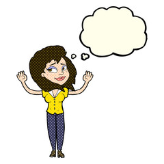 cartoon woman giving up with thought bubble