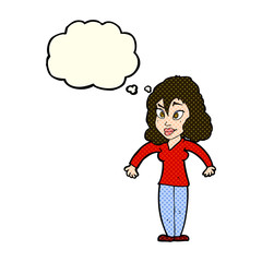 cartoon woman shrugging shoulders with thought bubble