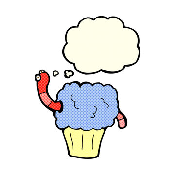 cartoon worm in cupcake with thought bubble