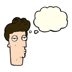 cartoon bored man's face with thought bubble