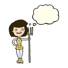 cartoon happy farmer girl with thought bubble