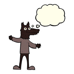 cartoon wolf man with thought bubble