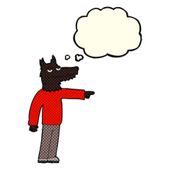 cartoon wolf man pointing with thought bubble