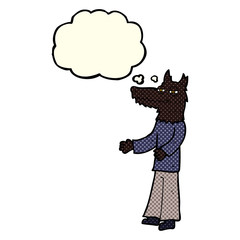 cartoon wolf man with thought bubble