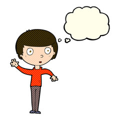 cartoon waving boy with thought bubble