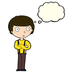 cartoon staring boy with folded arms with thought bubble