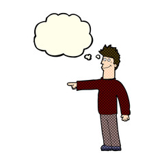 cartoon happy pointing man with thought bubble