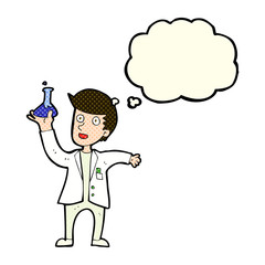 cartoon happy scientist with thought bubble