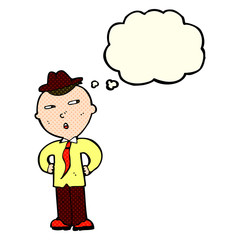 cartoon man wearing hat with thought bubble