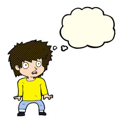 cartoon frightened boy with thought bubble