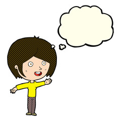 cartoon happy girl waving with thought bubble