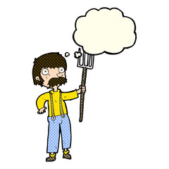cartoon farmer with pitchfork with thought bubble