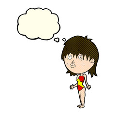 cartoon woman in swimsuit shrugging shoulders with thought bubbl