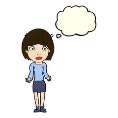 cartoon woman shrugging shoulders with thought bubble