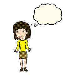 cartoon woman shrugging shoulders with thought bubble