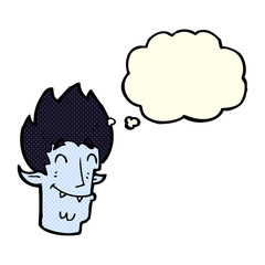 cartoon happy vampire head with thought bubble