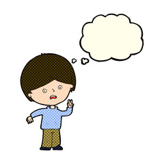 cartoon unhappy boy giving peace sign with thought bubble