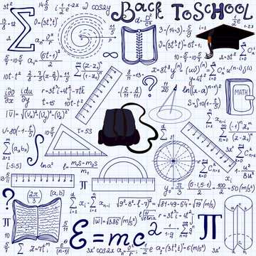 Mathematical educational vector seamless pattern with geometry figures, plots, equations, words "Back to school", and other school tools, "handwritten on the grid copybook paper". Endless math texture