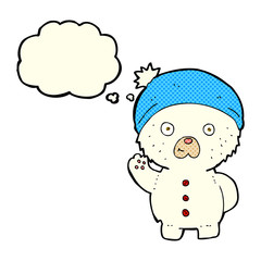 cartoon waving polar teddy bear in winter hat with thought bubbl