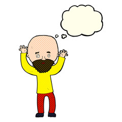 cartoon bearded man panicking with thought bubble