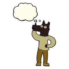 cartoon werewolf with idea with thought bubble