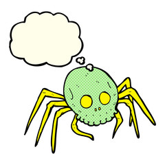 cartoon spooky halloween skull spider with thought bubble