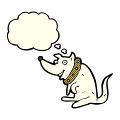 cartoon happy dog in big collar with thought bubble