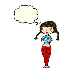 cartoon offended woman covering herself with thought bubble