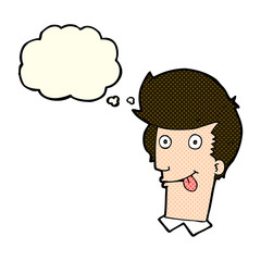 cartoon man with tongue hanging out with thought bubble