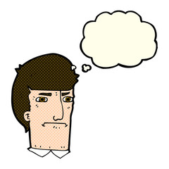 cartoon man narrowing eyes with thought bubble
