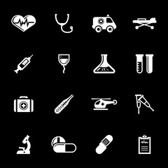 Vector white medical icons set on black background
