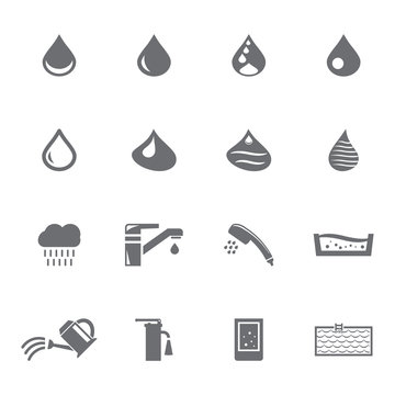 Vector grey water icons set on white bagckground