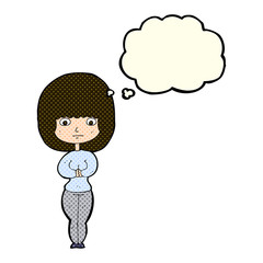 cartoon shy woman with thought bubble