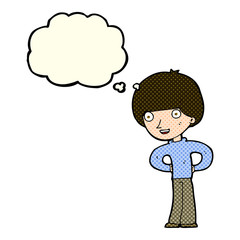 cartoon happy boy with hands on hips with thought bubble