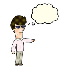 cartoon man in glasses pointing with thought bubble