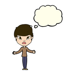 cartoon woman shrugging shoulders with thought bubble