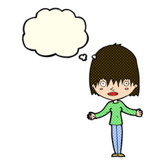 cartoon woman shrugging shoulders with thought bubble