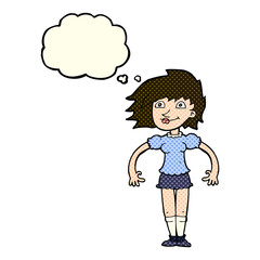 cartoon happy woman with thought bubble