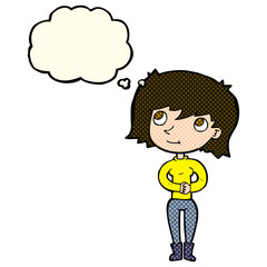 cartoon friendly woman with thought bubble