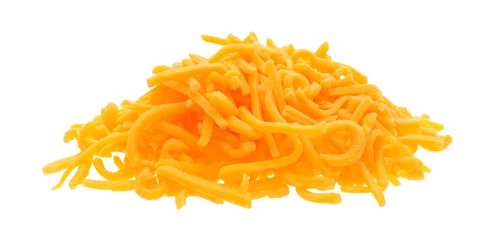 Photo sur Aluminium Produits laitiers Portion of shredded sharp cheddar cheese on white background