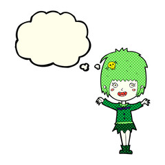 cartoon happy vampire girl with thought bubble