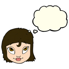 cartoon woman smiling with thought bubble