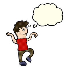 cartoon happy man doing funny dance with thought bubble