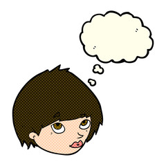 cartoon female face looking up with thought bubble