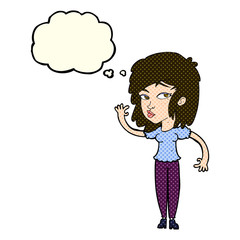cartoon pretty woman waving with thought bubble