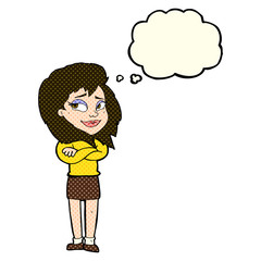cartoon woman with crossed arms with thought bubble