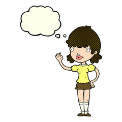 cartoon waving woman with thought bubble