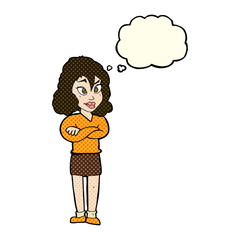 cartoon woman with crossed arms with thought bubble