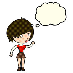 cartoon waving woman with thought bubble